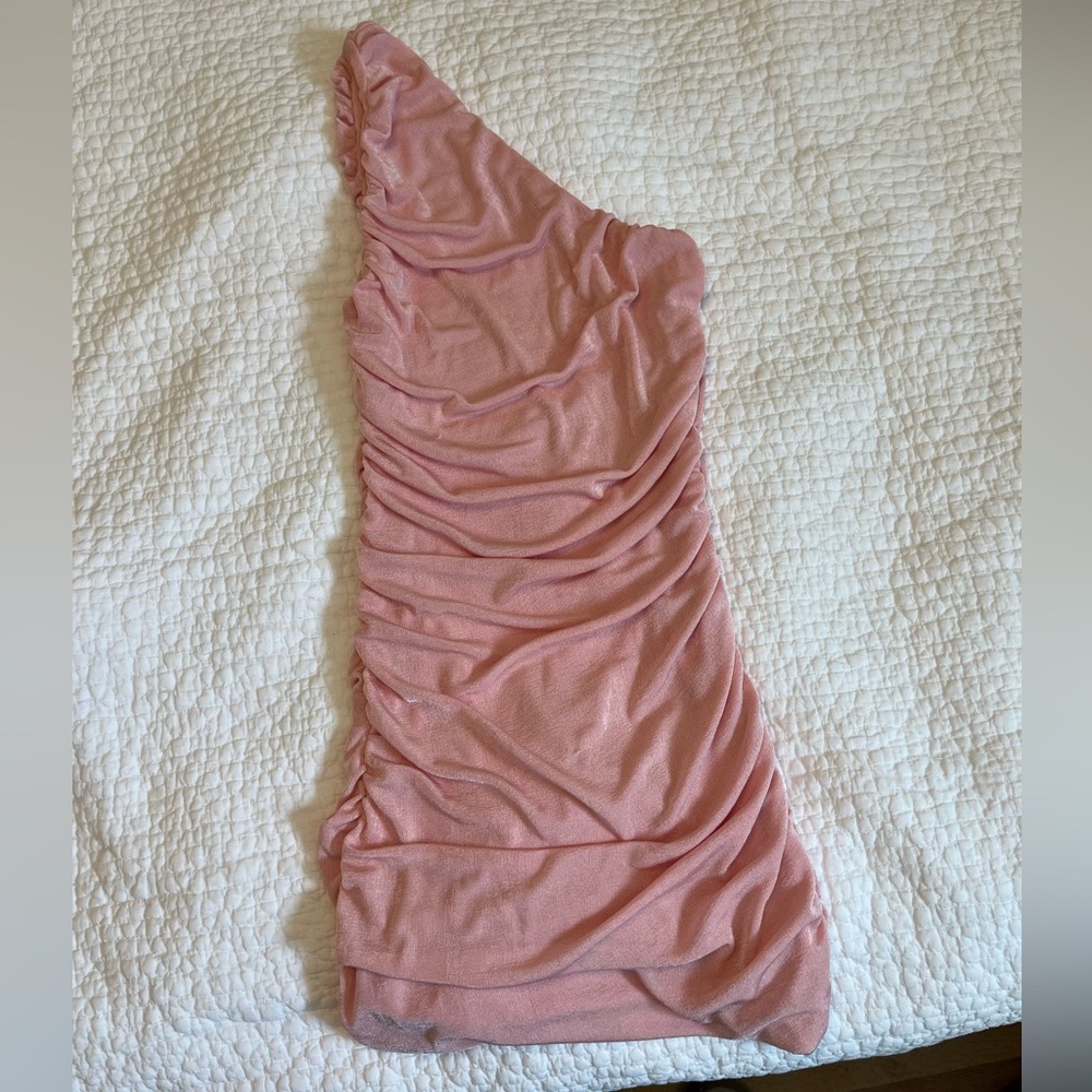 Pink ruched mini dress one shoulder